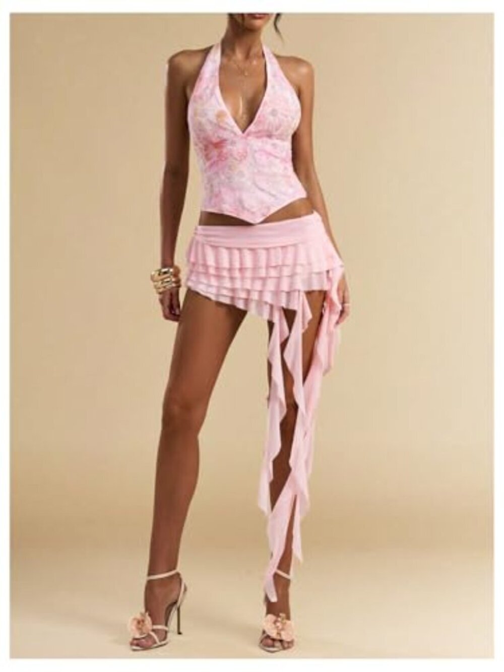 Mesh Asymmetrical Ruffle Mini Skirt Low Rise Tiered Flirty Y2k Concert Outfit - Picture 5 of 7